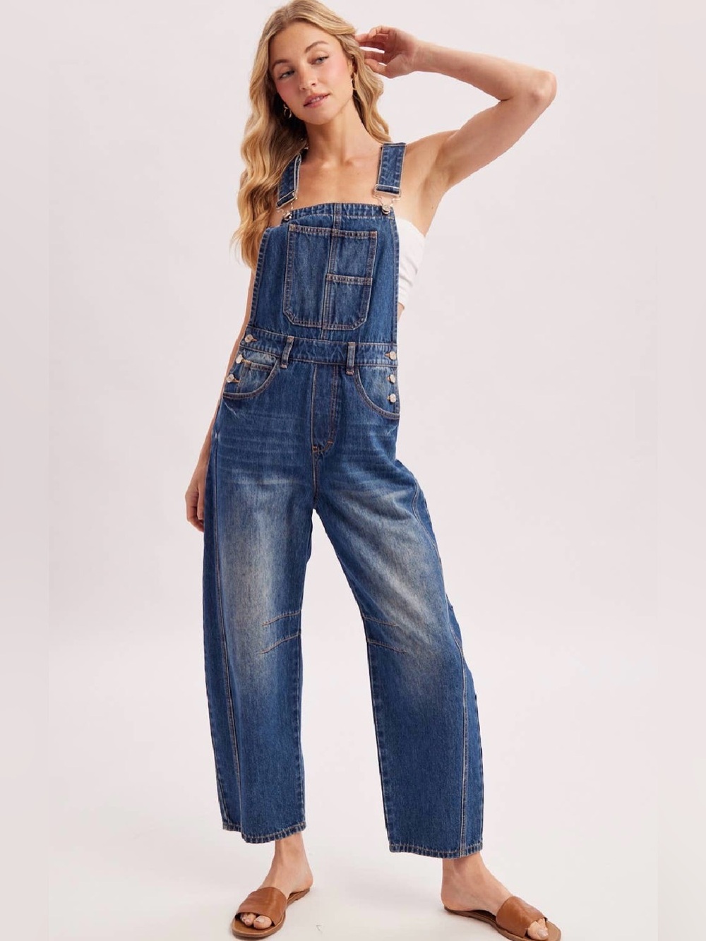 NWT Bluivy Denim Dark Wash Barrel Relaxed Fit Boho Overalls - Picture 8 of 11